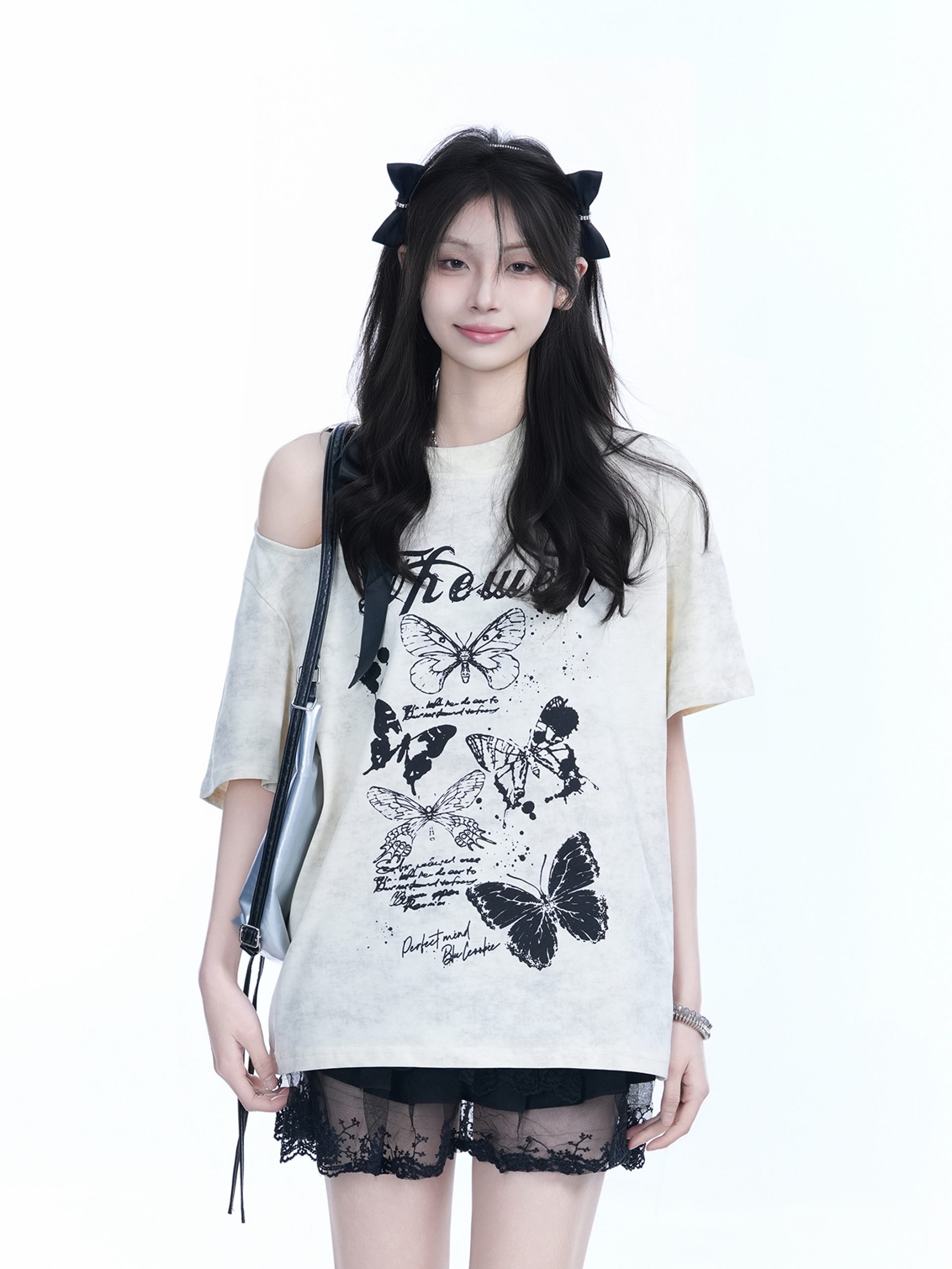 Off-Shoulder Butterfly Knot Tie Short Sleeve T-Shirt for Women - Summer Loose Fit Casual Top, Sweet Cool Style, Y2K Aesthetic Off-Shoulder Butterfly Knot Tie Short Sleeve T-Shirt for Women - Summer Loose Fit Casual Top, Sweet Cool Style, Y2K Aesthetic