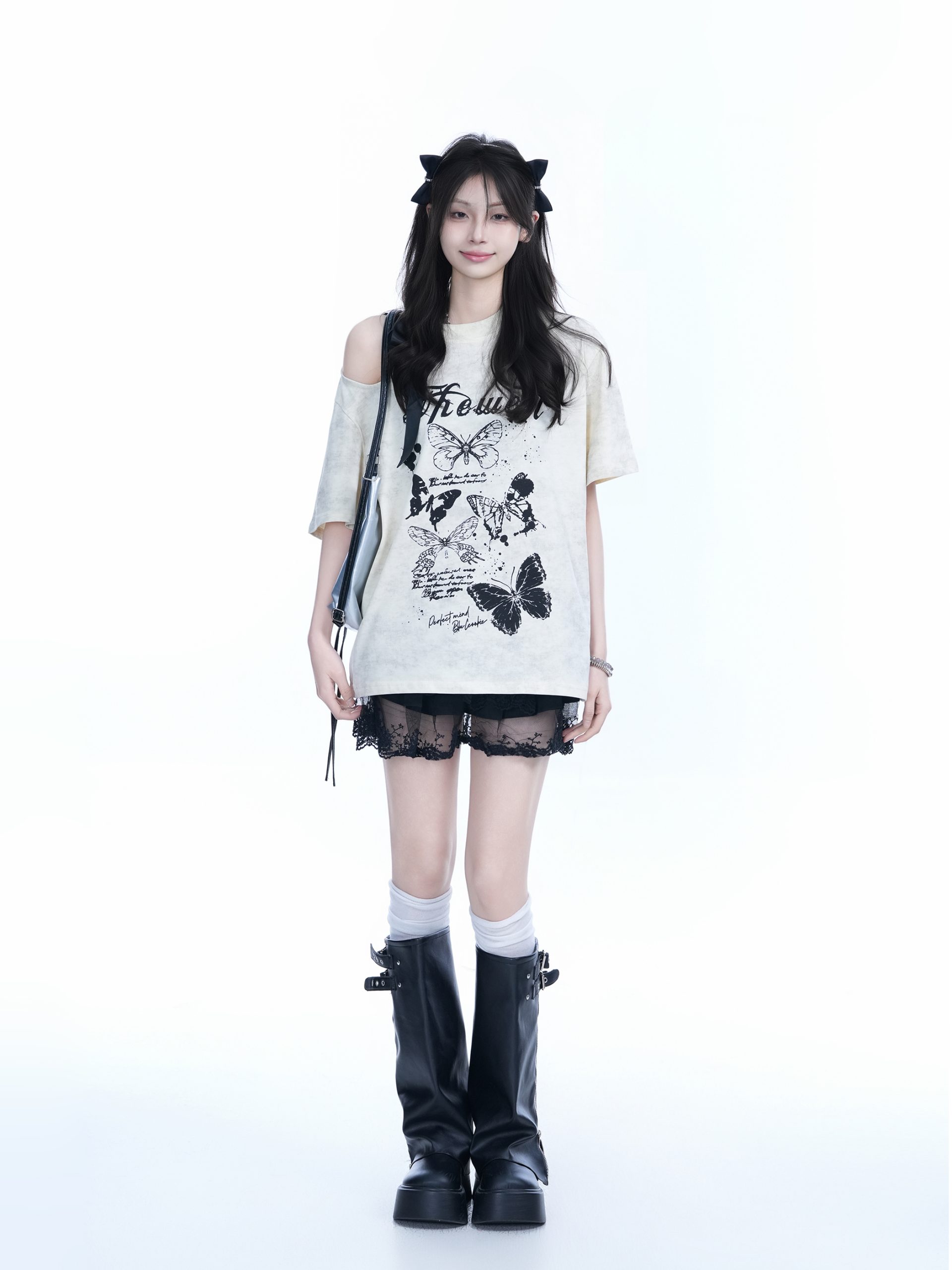 Off-Shoulder Butterfly Knot Tie Short Sleeve T-Shirt for Women - Summer Loose Fit Casual Top, Sweet Cool Style, Y2K Aesthetic Off-Shoulder Butterfly Knot Tie Short Sleeve T-Shirt for Women - Summer Loose Fit Casual Top, Sweet Cool Style, Y2K Aesthetic