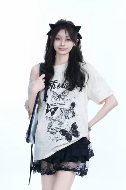 Off-Shoulder Butterfly Knot Tie Short Sleeve T-Shirt for Women - Summer Loose Fit Casual Top, Sweet Cool Style, Y2K Aesthetic