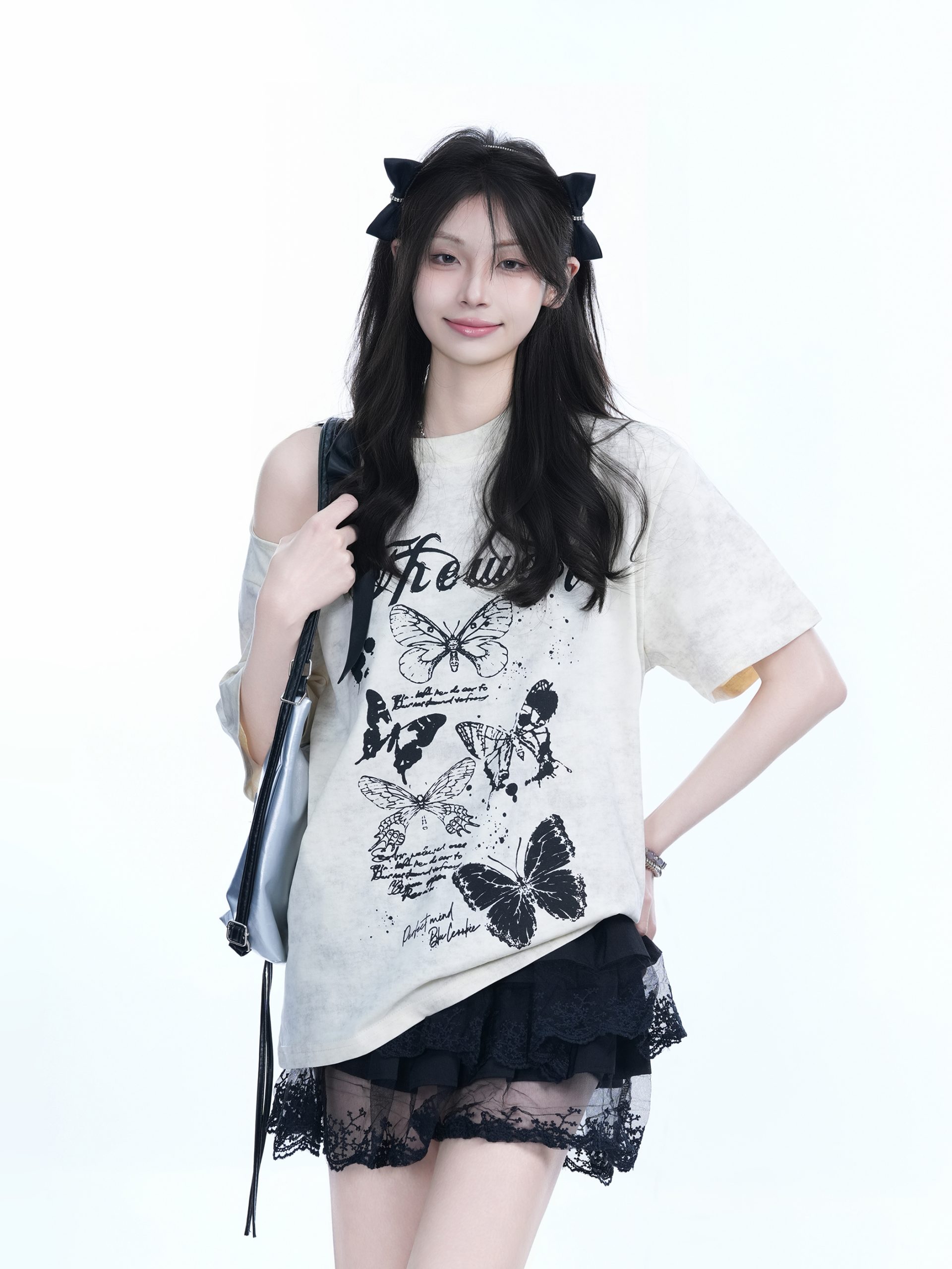 Off-Shoulder Butterfly Knot Tie Short Sleeve T-Shirt for Women - Summer Loose Fit Casual Top, Sweet Cool Style, Y2K Aesthetic Off-Shoulder Butterfly Knot Tie Short Sleeve T-Shirt for Women - Summer Loose Fit Casual Top, Sweet Cool Style, Y2K Aesthetic