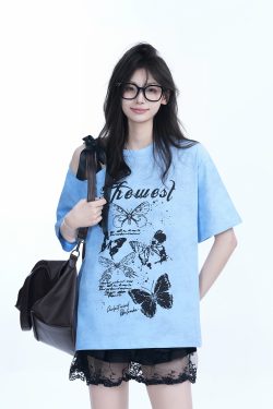 Off-Shoulder Butterfly Knot Tie Short Sleeve T-Shirt for Women - Summer Loose Fit Casual Top, Sweet Cool Style, Y2K Aesthetic
