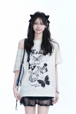 Off-Shoulder Butterfly Knot Tie Short Sleeve T-Shirt for Women - Summer Loose Fit Casual Top, Sweet Cool Style, Y2K Aesthetic