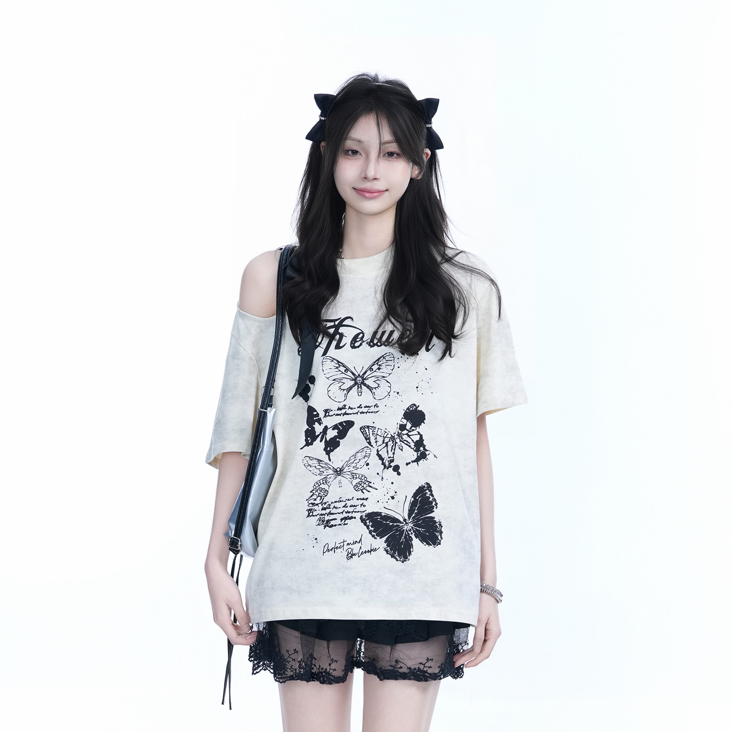 Off-Shoulder Butterfly Knot Tie Short Sleeve T-Shirt for Women - Summer Loose Fit Casual Top, Sweet Cool Style, Y2K Aesthetic Off-Shoulder Butterfly Knot Tie Short Sleeve T-Shirt for Women - Summer Loose Fit Casual Top, Sweet Cool Style, Y2K Aesthetic