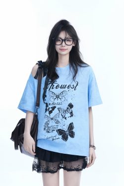 Off-Shoulder Butterfly Knot Tie Short Sleeve T-Shirt for Women - Summer Loose Fit Casual Top, Sweet Cool Style, Y2K Aesthetic
