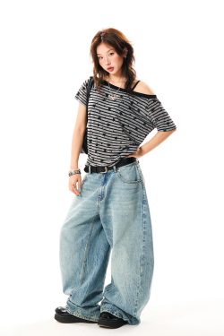 Off-Shoulder Color-Blocking Striped T-Shirt for Women - Summer Spicy Girl Style, Versatile Short Sleeve Top