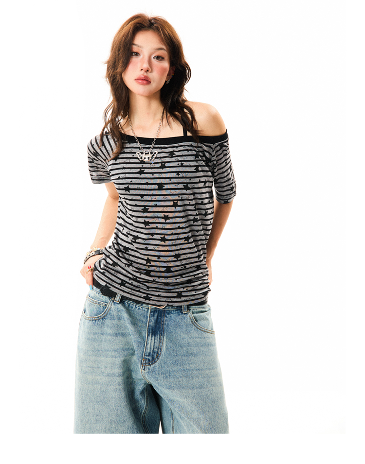 Off-Shoulder Color-Blocking Striped T-Shirt for Women - Summer Spicy Girl Style, Versatile Short Sleeve Top Off-Shoulder Color-Blocking Striped T-Shirt for Women - Summer Spicy Girl Style, Versatile Short Sleeve Top