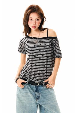 Off-Shoulder Color-Blocking Striped T-Shirt for Women - Summer Spicy Girl Style, Versatile Short Sleeve Top