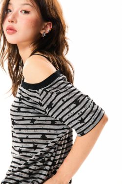 Off-Shoulder Color-Blocking Striped T-Shirt for Women - Summer Spicy Girl Style, Versatile Short Sleeve Top