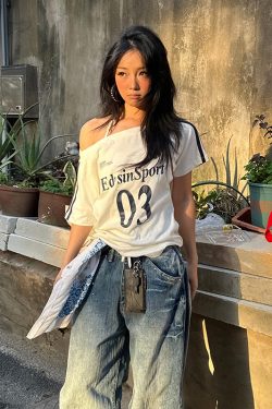 Off-Shoulder Color-Blocking T-Shirt for Women - Spicy Girl Summer Top with Letter Print and Woven Strap, Y2K Loose Fit Style