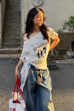 Off-Shoulder Color-Blocking T-Shirt for Women - Spicy Girl Summer Top with Letter Print and Woven Strap, Y2K Loose Fit Style