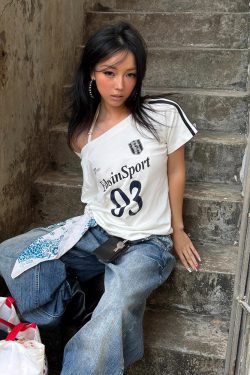 Off-Shoulder Color-Blocking T-Shirt for Women - Spicy Girl Summer Top with Letter Print and Woven Strap, Y2K Loose Fit Style