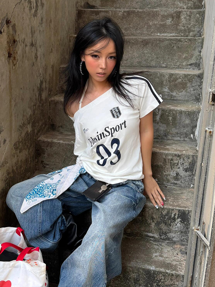 Off-Shoulder Color-Blocking T-Shirt for Women - Spicy Girl Summer Top with Letter Print and Woven Strap, Y2K Loose Fit Style Off-Shoulder Color-Blocking T-Shirt for Women - Spicy Girl Summer Top with Letter Print and Woven Strap, Y2K Loose Fit Style