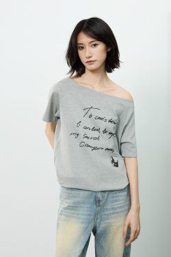 Off-Shoulder Letter Print Short Sleeve T-Shirt for Women - Casual Loose Slim Summer Top, American Street Style