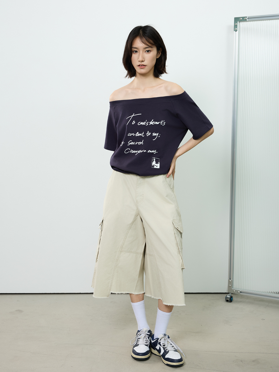 Off-Shoulder Letter Print Short Sleeve T-Shirt for Women - Casual Loose Slim Summer Top, American Street Style Off-Shoulder Letter Print Short Sleeve T-Shirt for Women - Casual Loose Slim Summer Top, American Street Style