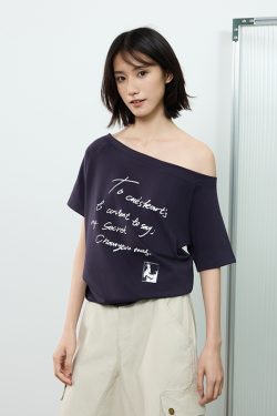 Off-Shoulder Letter Print Short Sleeve T-Shirt for Women - Casual Loose Slim Summer Top, American Street Style