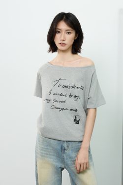 Off-Shoulder Letter Print Short Sleeve T-Shirt for Women - Casual Loose Slim Summer Top, American Street Style