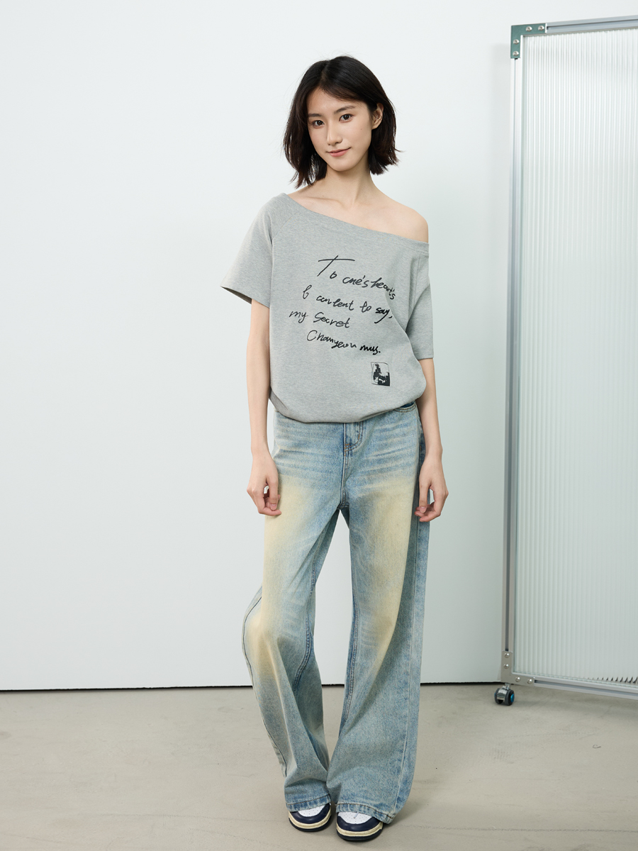 Off-Shoulder Letter Print Short Sleeve T-Shirt for Women - Casual Loose Slim Summer Top, American Street Style Off-Shoulder Letter Print Short Sleeve T-Shirt for Women - Casual Loose Slim Summer Top, American Street Style