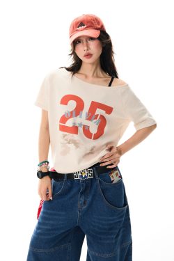 Off-Shoulder Letter Print Short-Sleeve T-Shirt for Women - Spicy Girl Style, Slim-Fit Casual Summer Top, American Fashion, Versatile 90s Vibe