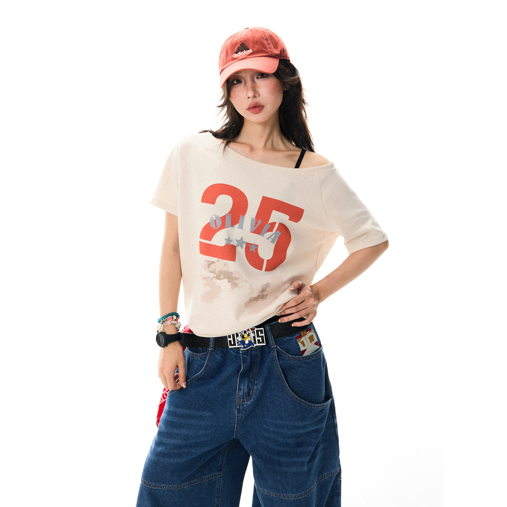 Off-Shoulder Letter Print Short-Sleeve T-Shirt for Women - Spicy Girl Style, Slim-Fit Casual Summer Top, American Fashion, Versatile 90s Vibe Off-Shoulder Letter Print Short-Sleeve T-Shirt for Women - Spicy Girl Style, Slim-Fit Casual Summer Top, American Fashion, Versatile 90s Vibe