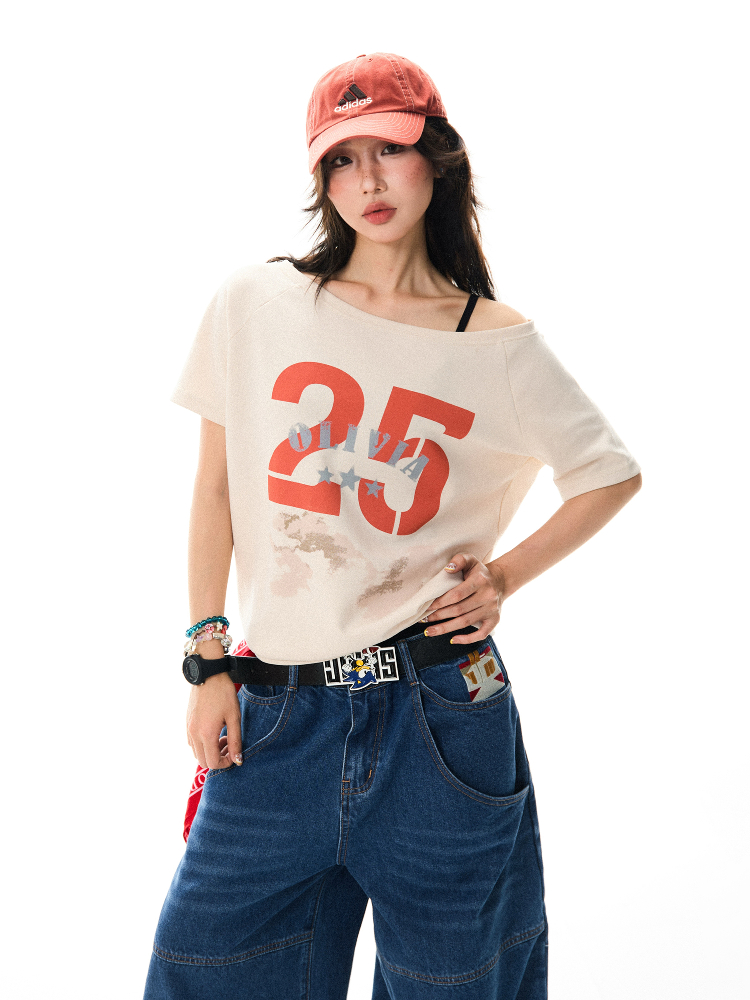 Off-Shoulder Letter Print Short-Sleeve T-Shirt for Women - Spicy Girl Style, Slim-Fit Casual Summer Top, American Fashion, Versatile 90s Vibe Off-Shoulder Letter Print Short-Sleeve T-Shirt for Women - Spicy Girl Style, Slim-Fit Casual Summer Top, American Fashion, Versatile 90s Vibe
