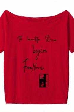 Off-Shoulder Letter Print T-Shirt for Women - Casual Loose Fit Summer Top, American Style, Slimming One-Shoulder Design