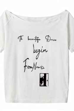 Off-Shoulder Letter Print T-Shirt for Women - Casual Loose Fit Summer Top, American Style, Slimming One-Shoulder Design