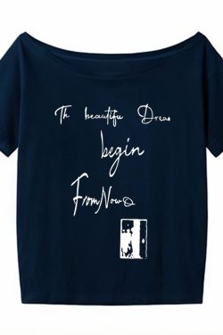 Off-Shoulder Letter Print T-Shirt for Women - Casual Loose Fit Summer Top, American Style, Slimming One-Shoulder Design