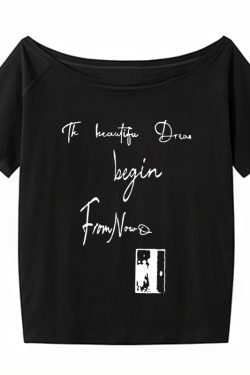 Off-Shoulder Letter Print T-Shirt for Women - Casual Loose Fit Summer Top, American Style, Slimming One-Shoulder Design