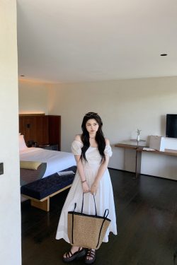 Off-Shoulder Little White Dress with Pleats, Embroidery, and Polka Dots – South France Holiday Style