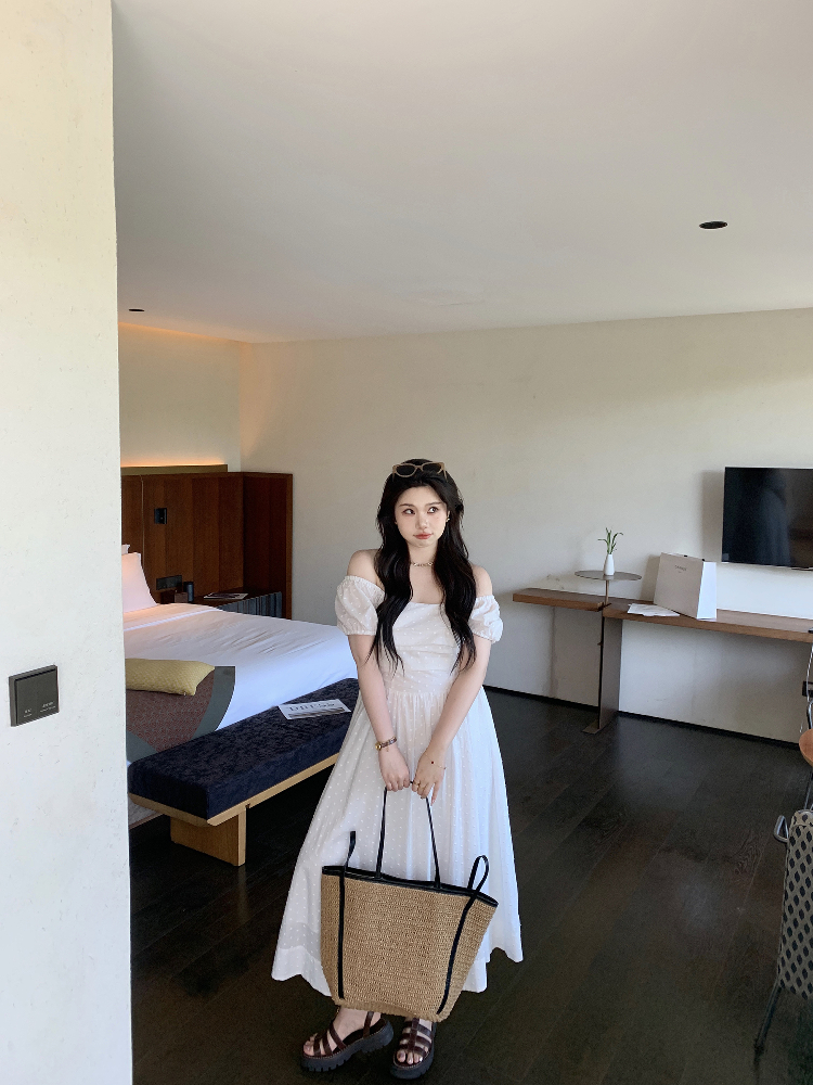 Off-Shoulder Little White Dress with Pleats, Embroidery, and Polka Dots – South France Holiday Style Off-Shoulder Little White Dress with Pleats, Embroidery, and Polka Dots – South France Holiday Style