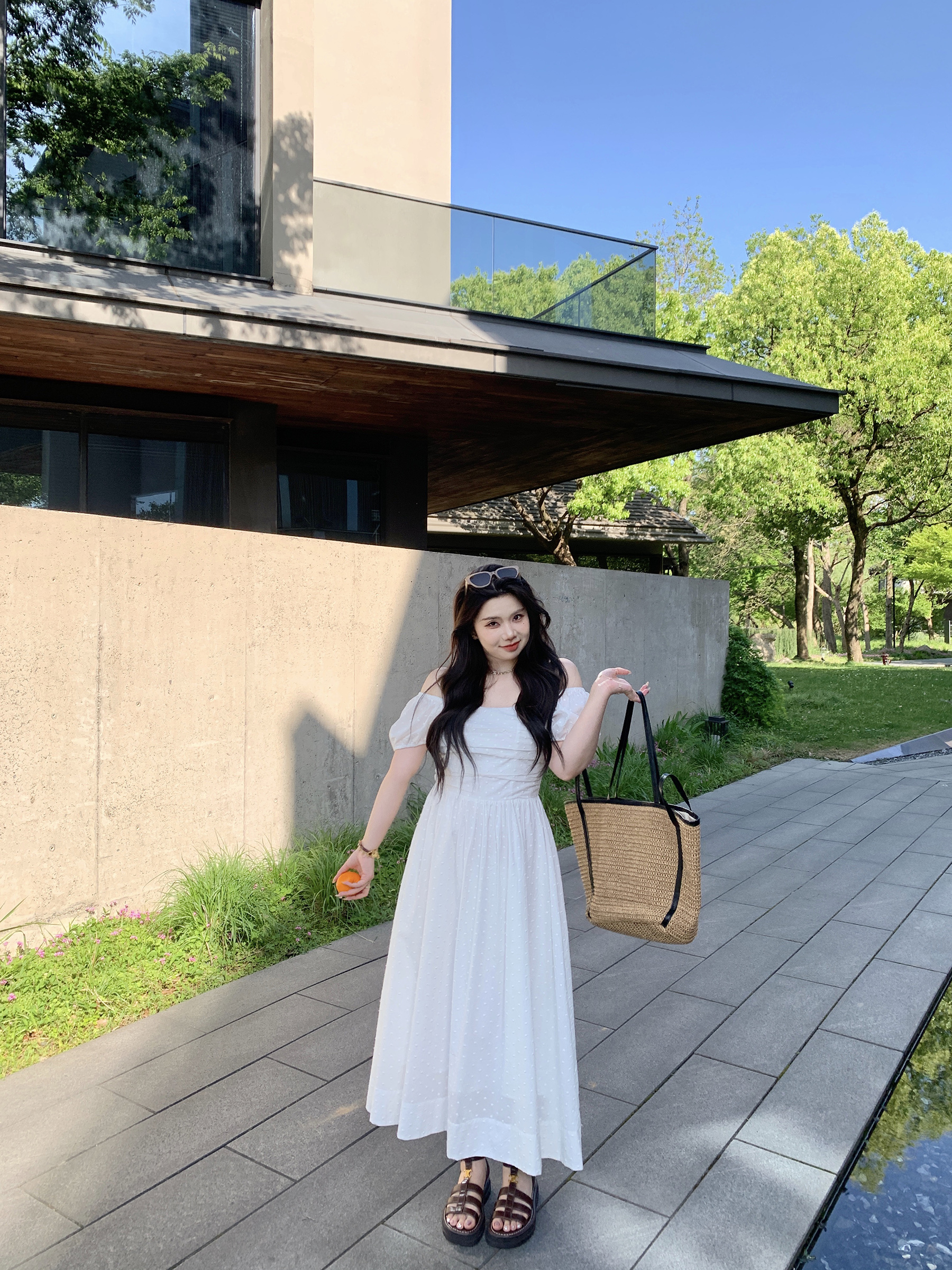 Off-Shoulder Little White Dress with Pleats, Embroidery, and Polka Dots – South France Holiday Style Off-Shoulder Little White Dress with Pleats, Embroidery, and Polka Dots – South France Holiday Style