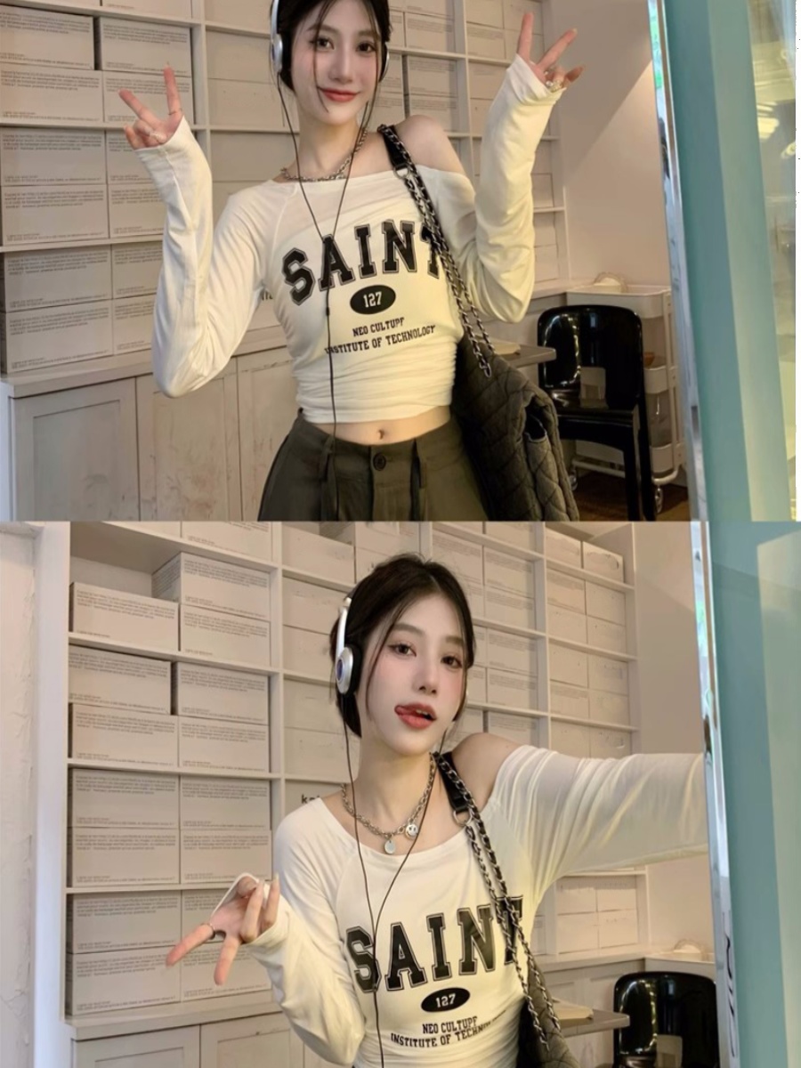 Off-Shoulder Long Sleeve T-Shirt for Women - European and American Style, Spring Versatile Thin Sun Protection, Slim Fit Top Off-Shoulder Long Sleeve T-Shirt for Women - European and American Style, Spring Versatile Thin Sun Protection, Slim Fit Top