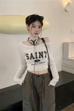 Off-Shoulder Long Sleeve T-Shirt for Women - European and American Style, Spring Versatile Thin Sun Protection, Slim Fit Top