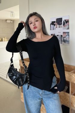 Off-Shoulder Long Sleeve T-Shirt for Women - Slimming Autumn Design, Low Neck Sexy Top, Trendy Y2K Style