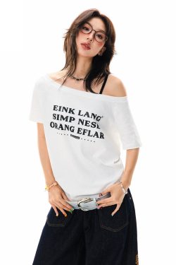 Off-Shoulder Loose White Short Sleeve T-Shirt for Women - Casual Summer Top, Spicy Girl Style, Versatile Slanted Shoulder Design