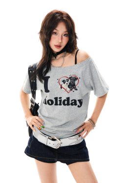 Off-Shoulder Puppy Heart Print Short Sleeve T-Shirt for Women - Vintage American Style Summer Top for Hot Girls