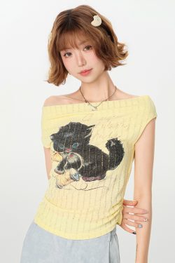 Off-Shoulder Retro Printed T-Shirt for Women, Drop Shoulder, Waist-Cinching, Slimming Summer Top, Y2K Style