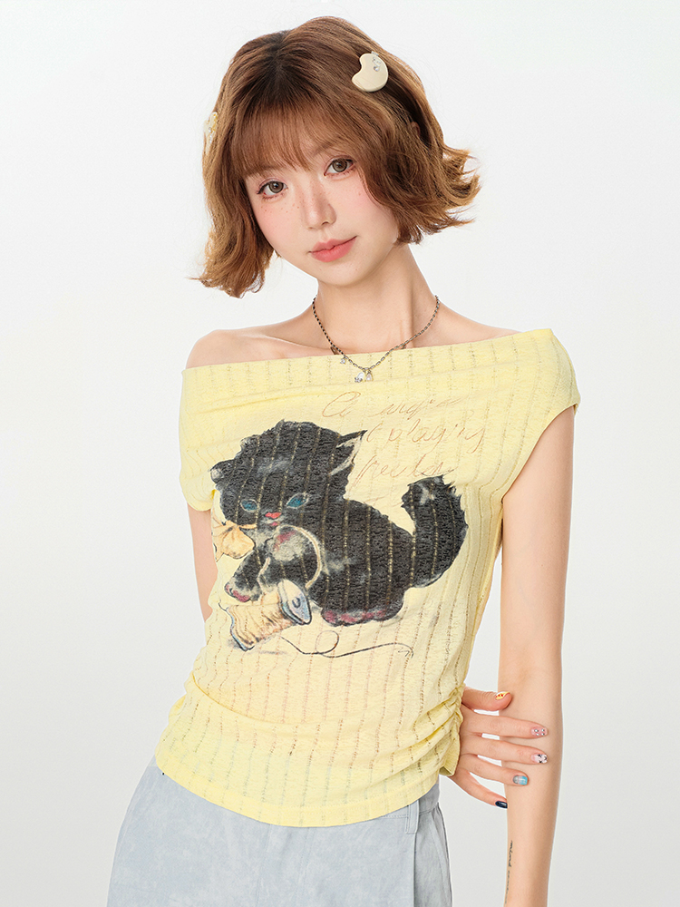 Off-Shoulder Retro Printed T-Shirt for Women, Drop Shoulder, Waist-Cinching, Slimming Summer Top, Y2K Style Off-Shoulder Retro Printed T-Shirt for Women, Drop Shoulder, Waist-Cinching, Slimming Summer Top, Y2K Style