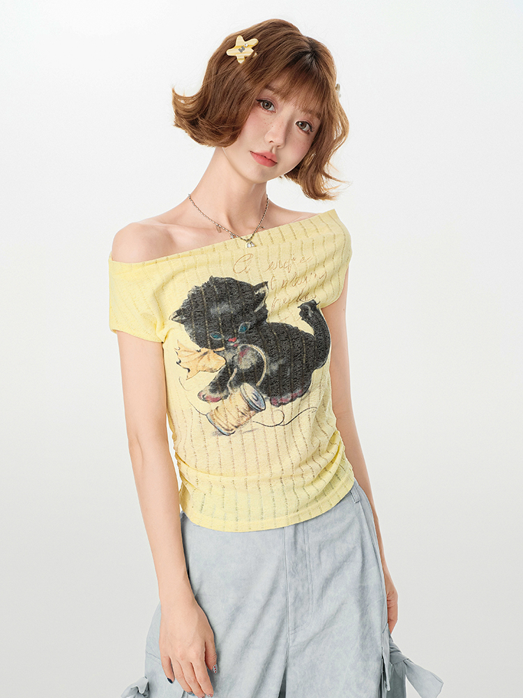 Off-Shoulder Retro Printed T-Shirt for Women, Drop Shoulder, Waist-Cinching, Slimming Summer Top, Y2K Style Off-Shoulder Retro Printed T-Shirt for Women, Drop Shoulder, Waist-Cinching, Slimming Summer Top, Y2K Style