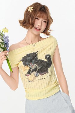 Off-Shoulder Retro Printed T-Shirt for Women, Drop Shoulder, Waist-Cinching, Slimming Summer Top, Y2K Style