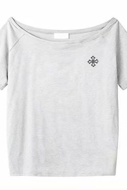 Off-Shoulder Short Sleeve Black T-Shirt with Cross Print - Loose Fit Summer Top for Women, Trendy Spicy Girl Style