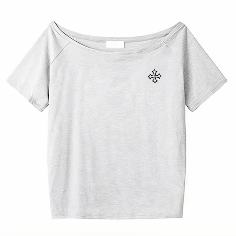 Off-Shoulder Short Sleeve Black T-Shirt with Cross Print - Loose Fit Summer Top for Women, Trendy Spicy Girl Style Off-Shoulder Short Sleeve Black T-Shirt with Cross Print - Loose Fit Summer Top for Women, Trendy Spicy Girl Style