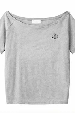 Off-Shoulder Short Sleeve Black T-Shirt with Cross Print - Loose Fit Summer Top for Women, Trendy Spicy Girl Style