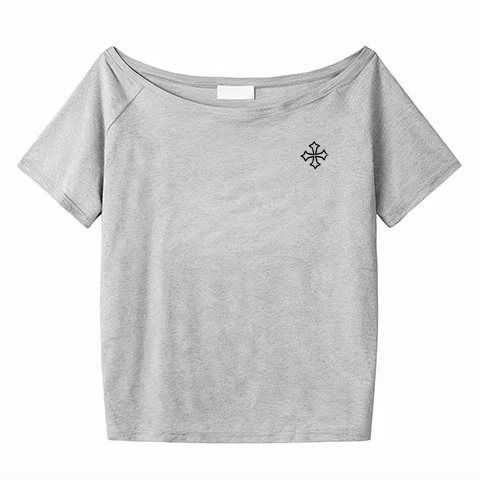 Off-Shoulder Short Sleeve Black T-Shirt with Cross Print - Loose Fit Summer Top for Women, Trendy Spicy Girl Style Off-Shoulder Short Sleeve Black T-Shirt with Cross Print - Loose Fit Summer Top for Women, Trendy Spicy Girl Style