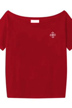 Off-Shoulder Short Sleeve Black T-Shirt with Cross Print - Loose Fit Summer Top for Women, Trendy Spicy Girl Style