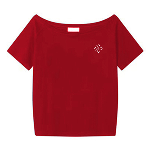 Off-Shoulder Short Sleeve Black T-Shirt with Cross Print - Loose Fit Summer Top for Women, Trendy Spicy Girl Style Off-Shoulder Short Sleeve Black T-Shirt with Cross Print - Loose Fit Summer Top for Women, Trendy Spicy Girl Style