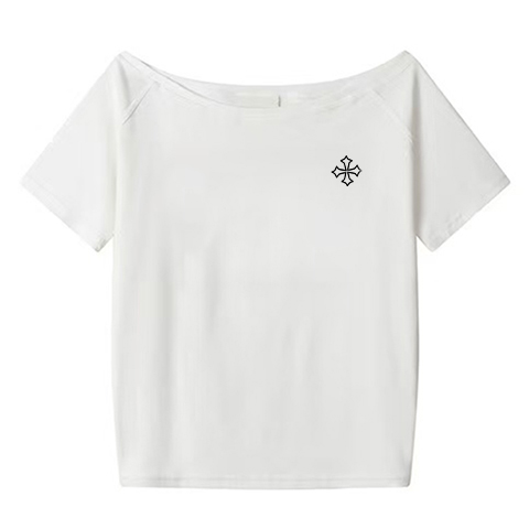 Off-Shoulder Short Sleeve Black T-Shirt with Cross Print - Loose Fit Summer Top for Women, Trendy Spicy Girl Style Off-Shoulder Short Sleeve Black T-Shirt with Cross Print - Loose Fit Summer Top for Women, Trendy Spicy Girl Style