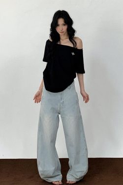 Off-Shoulder Short Sleeve Black T-Shirt with Cross Print - Loose Fit Summer Top for Women, Trendy Spicy Girl Style