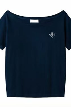 Off-Shoulder Short Sleeve Black T-Shirt with Cross Print - Loose Fit Summer Top for Women, Trendy Spicy Girl Style