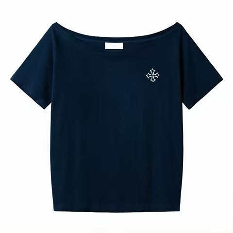 Off-Shoulder Short Sleeve Black T-Shirt with Cross Print - Loose Fit Summer Top for Women, Trendy Spicy Girl Style Off-Shoulder Short Sleeve Black T-Shirt with Cross Print - Loose Fit Summer Top for Women, Trendy Spicy Girl Style